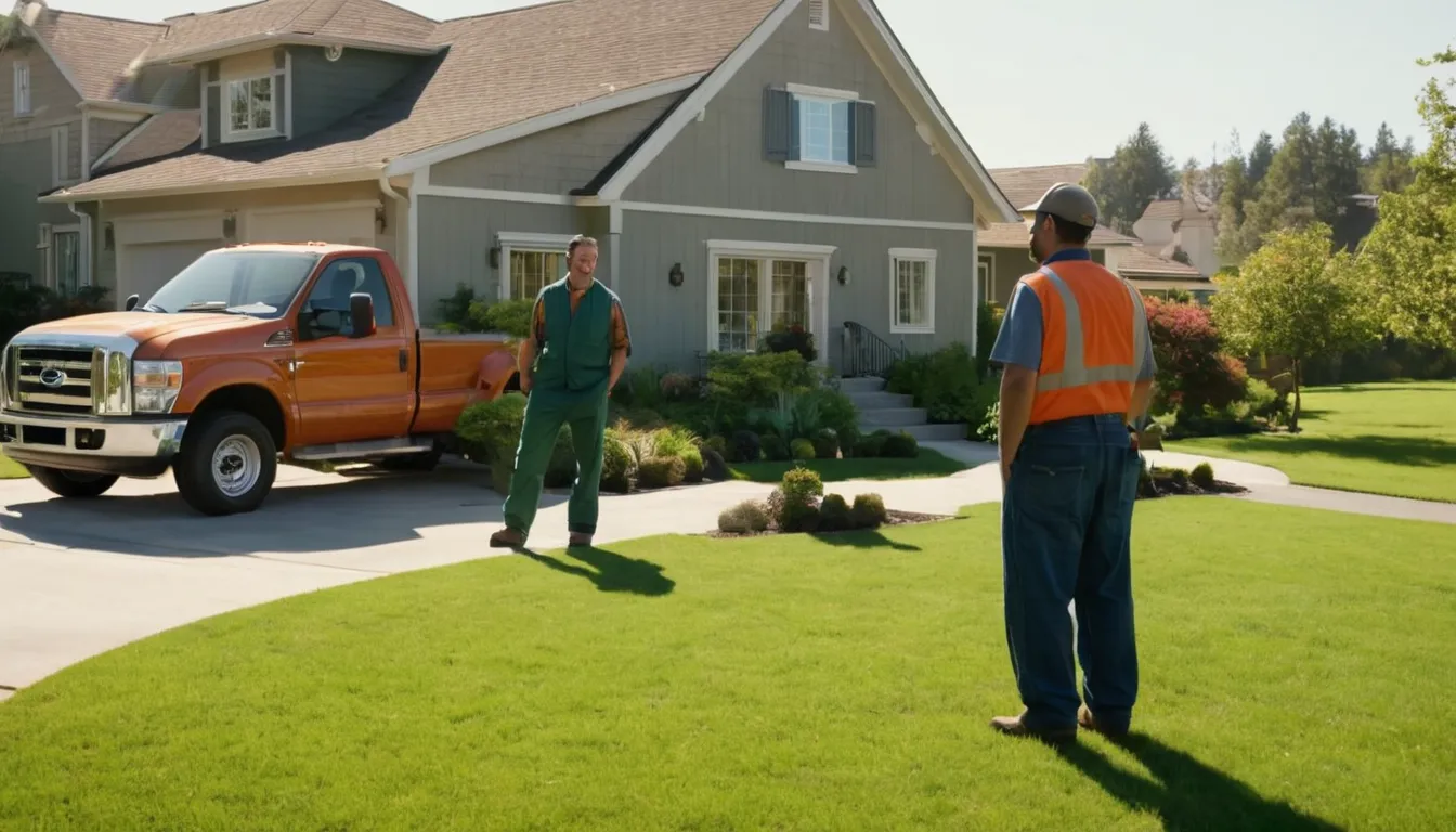 A friendly septic service provider speaking with a homeowner in front of a ranch home near Joliet