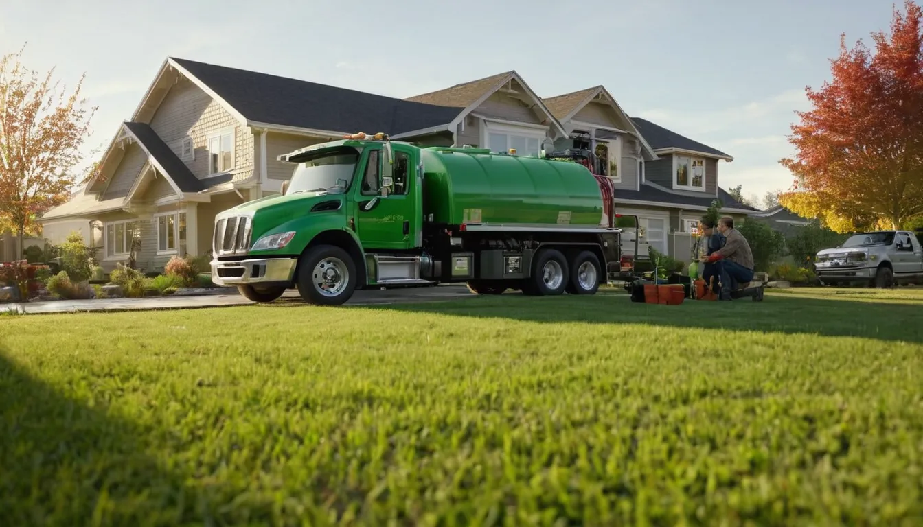 Septic provider and homeowner talking beside an open tank lid in a Joliet backyard